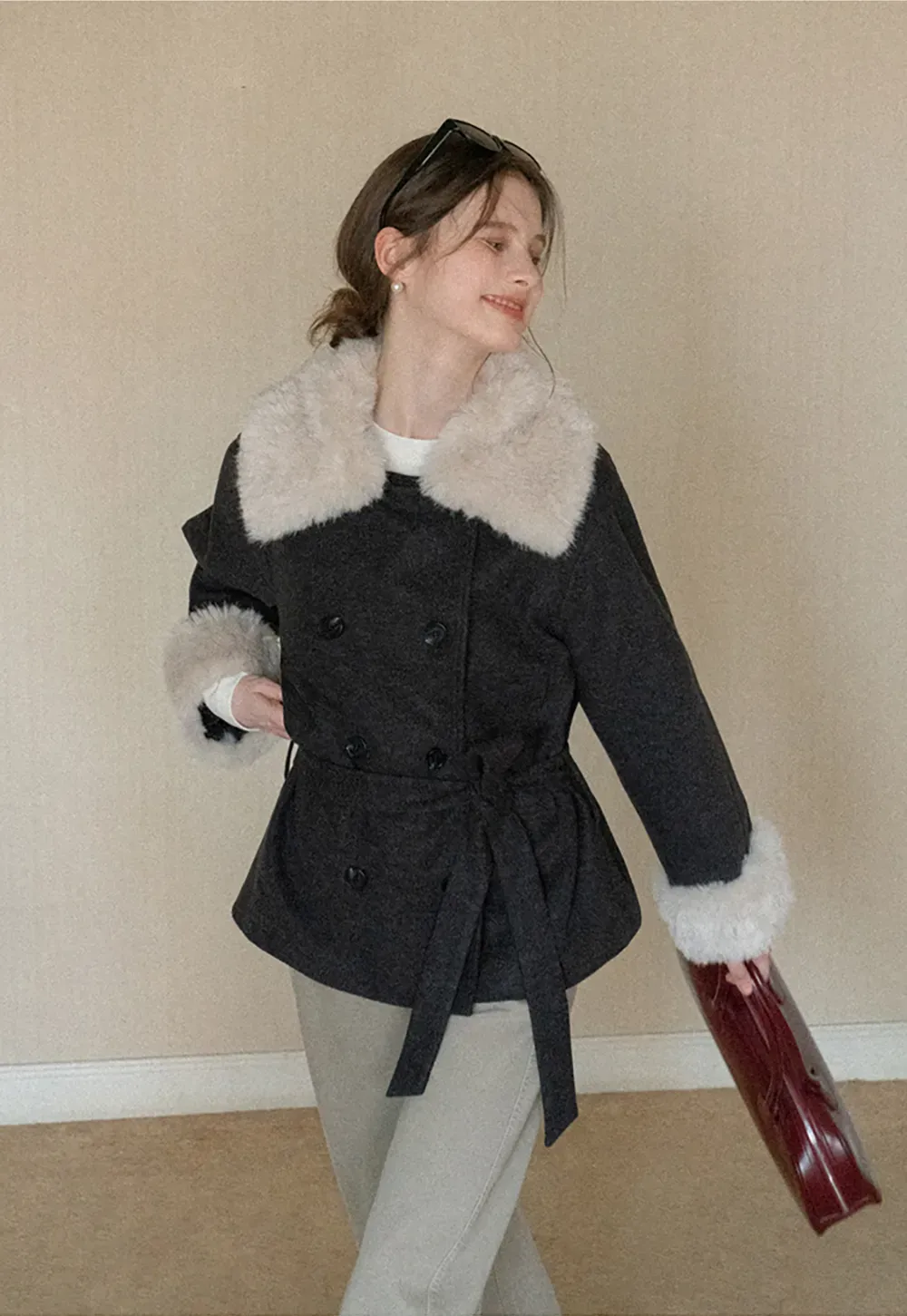 Wool Coat with Fur Collar and Cuff Belted Design