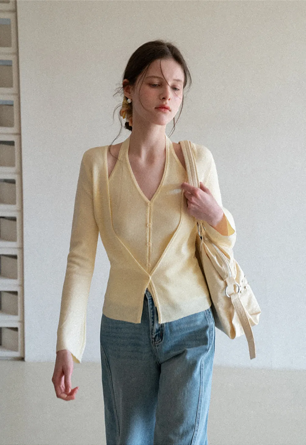 V neck long sleeve knit cardigan with open shoulders