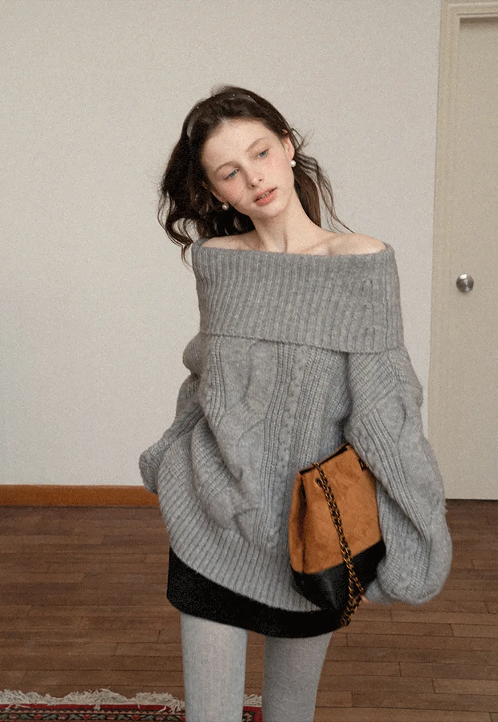 Gray Cable-Knit Turtleneck Sweater