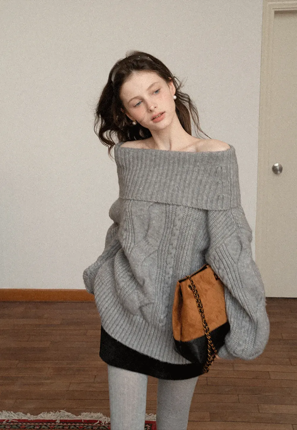 Gray Cable-Knit Turtleneck Sweater