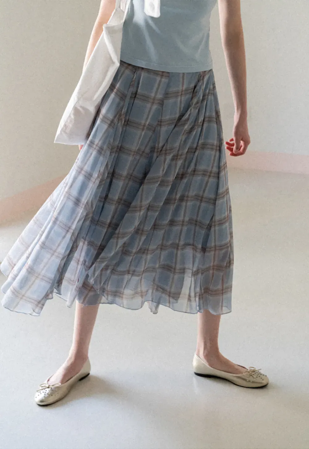 Pleated Plaid Midi Skirt with Asymmetrical Hem