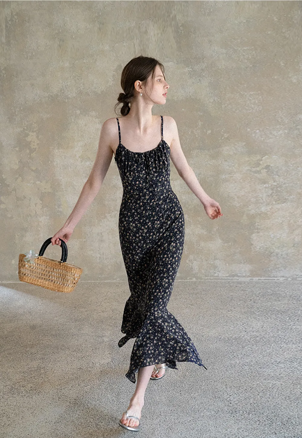 Floral Print Slip Dress with Thin Straps and Asymmetrical Hem