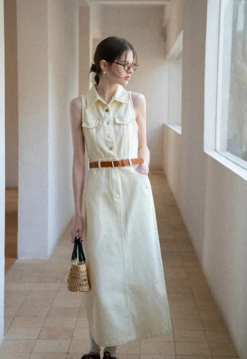 Sleeveless Collared Button Front Midi Dress