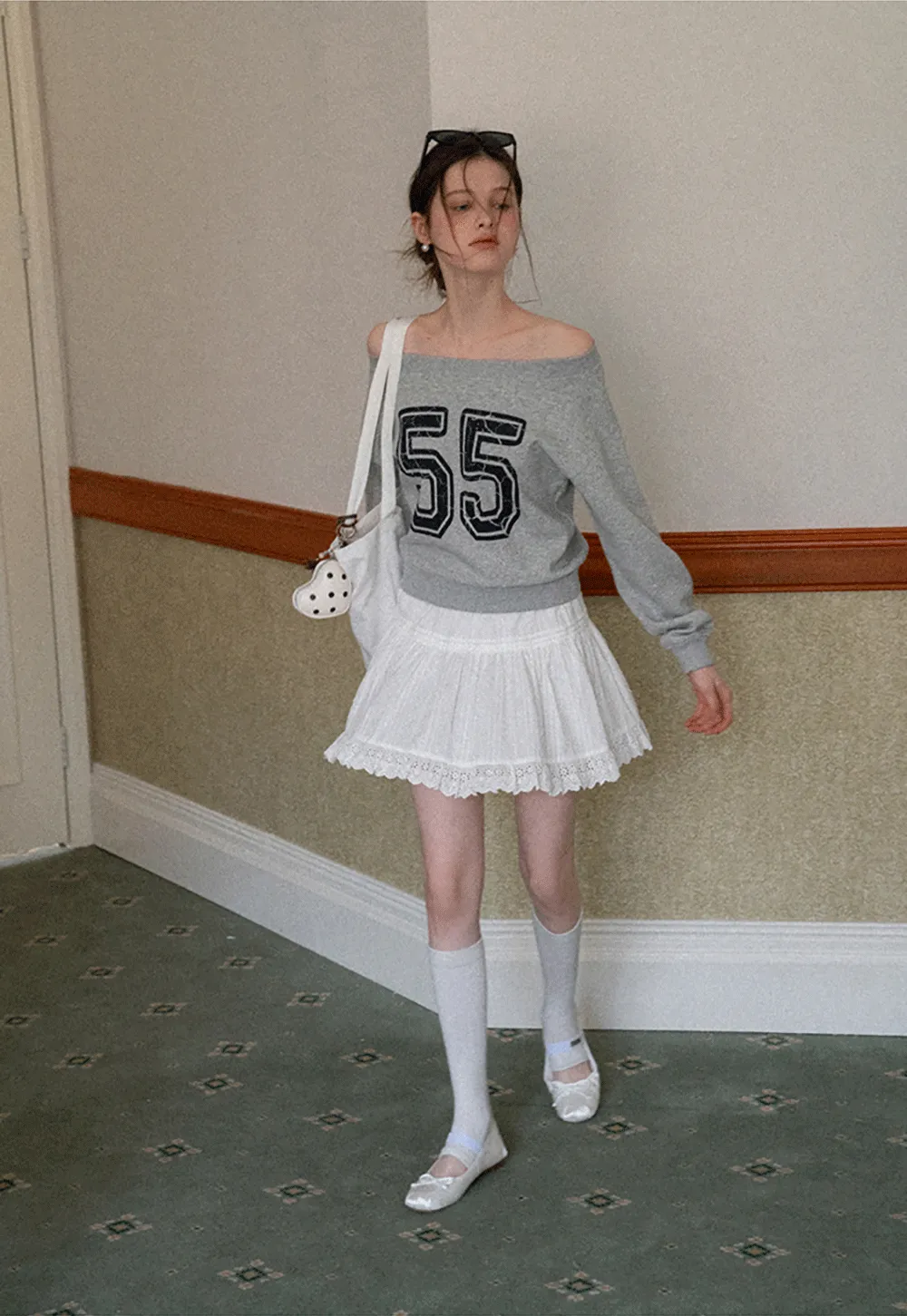 Off Shoulder Sweatshirt with Number Print