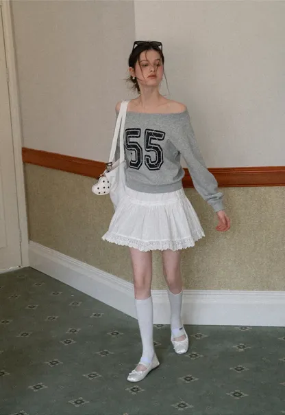 Off Shoulder Sweatshirt with Number Print