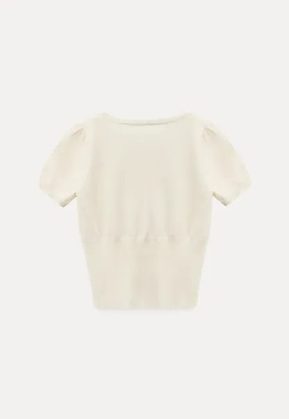 Short Sleeve Knit Top with Lace Trim and Button Placket