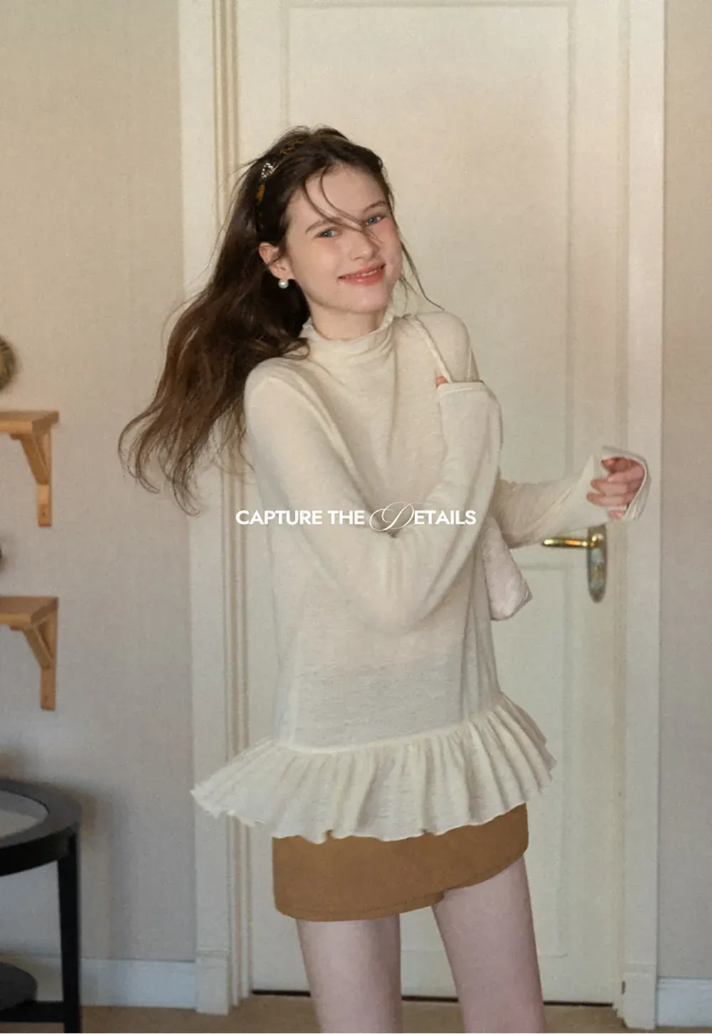 floral dot long sleeve top with ruffle hem