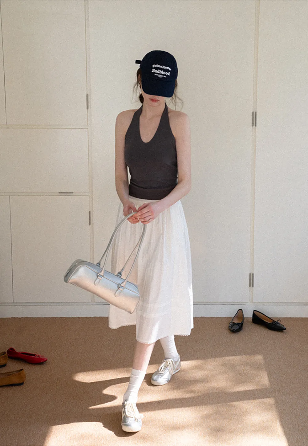 V neck halter tank top with fitted silhouette