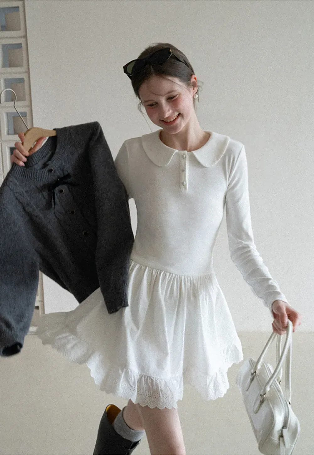 Elegant Long Sleeve Dress with Lace Trim and Flared Skirt