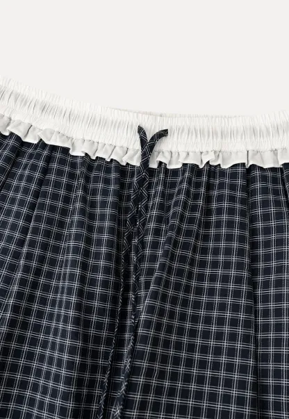 Wide Leg Plaid Casual Pants with Ruffled Waistband