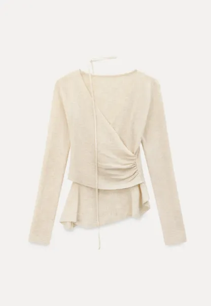 Long sleeve wrap knit sweater with ruched detail