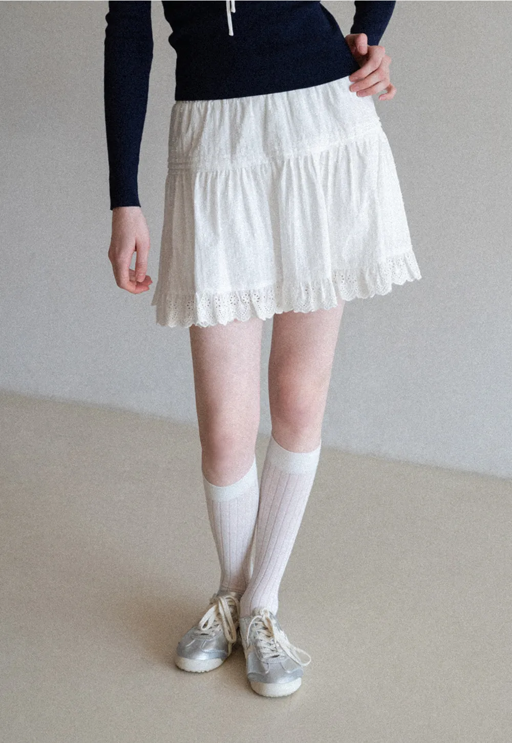 Eyelet Trimmed Tiered Skirt with Ruffled Hem