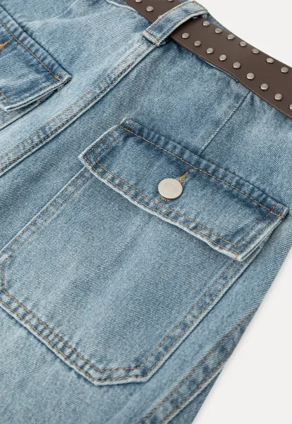 Wide Leg Denim Shorts with Belt and Back Pockets