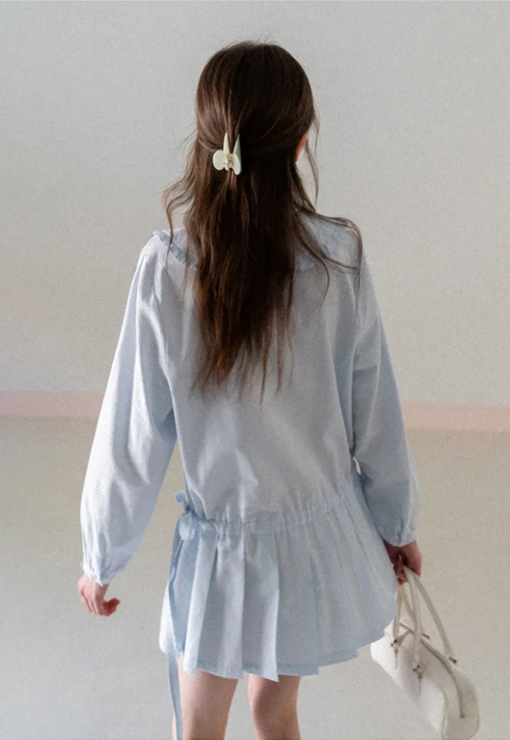 Pleated Hem Long Sleeve Blouse with Ruffled Collar