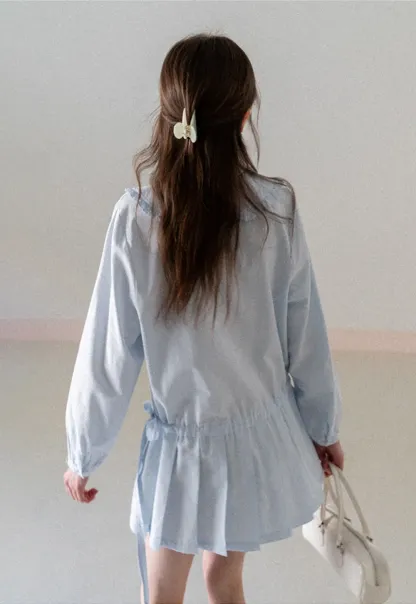 Pleated Hem Long Sleeve Blouse with Ruffled Collar