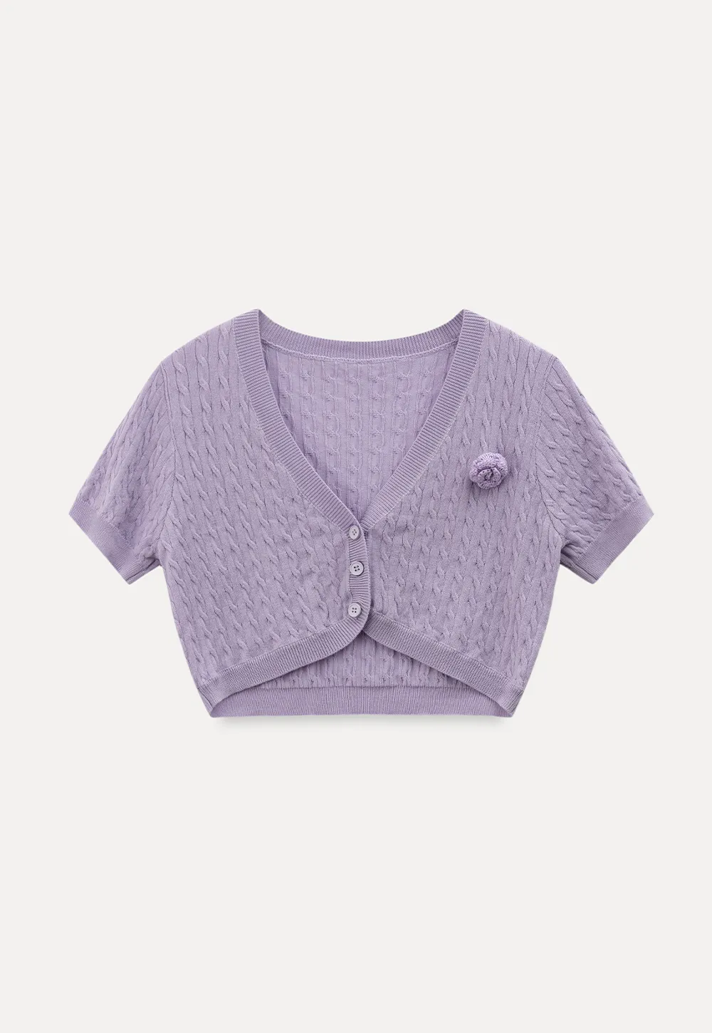 Short Sleeve Cable Knit Cardigan with Button Closure