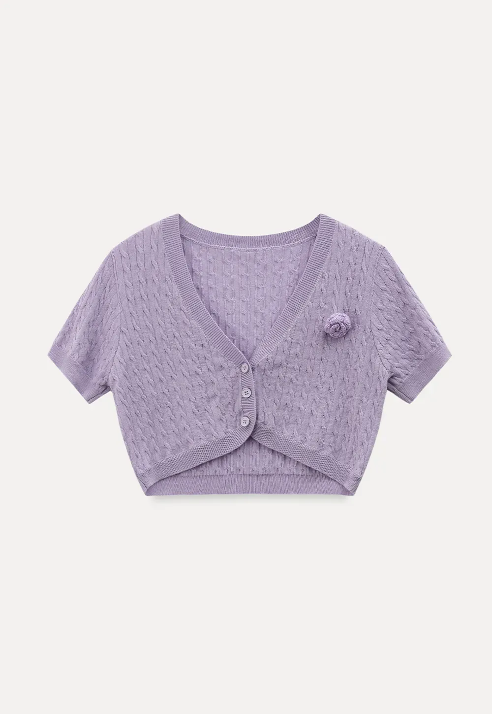 Short Sleeve Cable Knit Cardigan with Button Closure