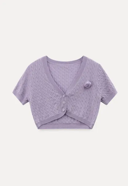 Short Sleeve Cable Knit Cardigan with Button Closure