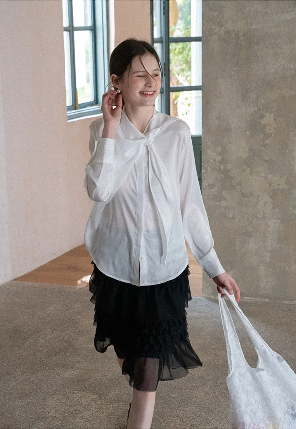 Ribbed Long Sleeve Shirt with Tie Neck Detail