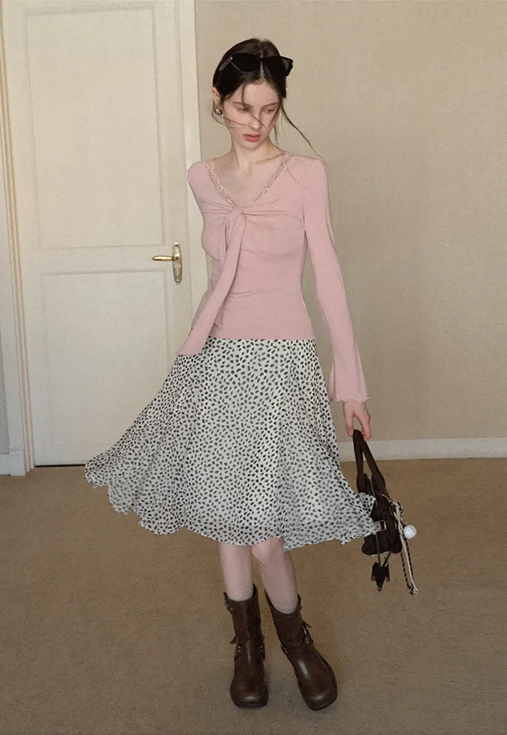 Elegant V Neck Long Sleeve Top with Bow Detail