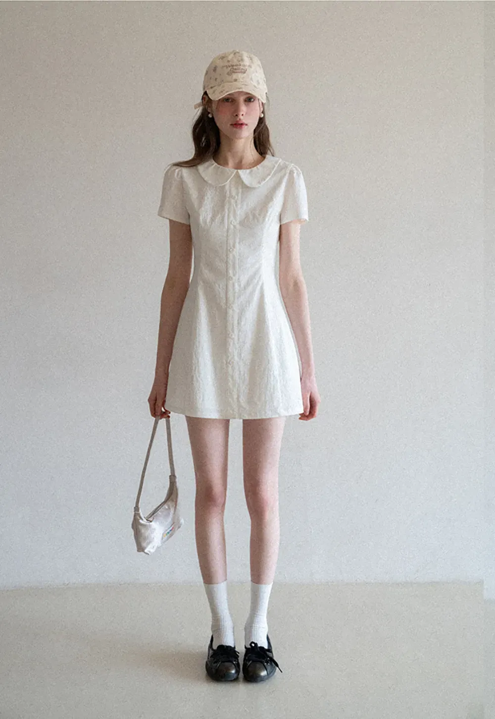 Button Front Dress with Peter Pan Collar and Short Sleeves