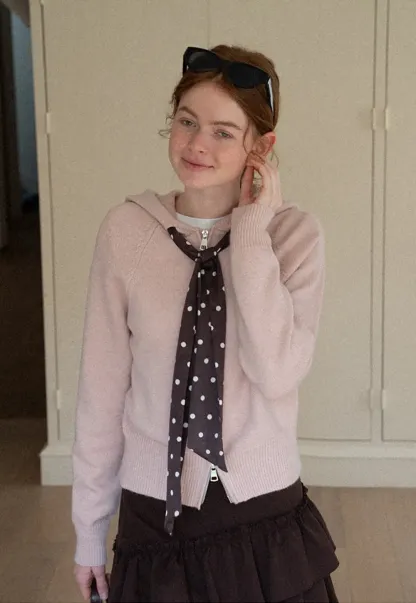 Pink Hooded Knit Sweater for Women Soft Warm Casual Top