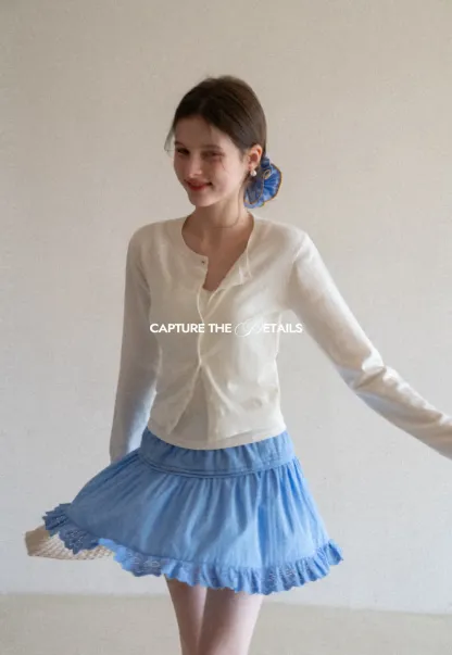 Eyelet Trimmed Tiered Skirt with Ruffled Hem