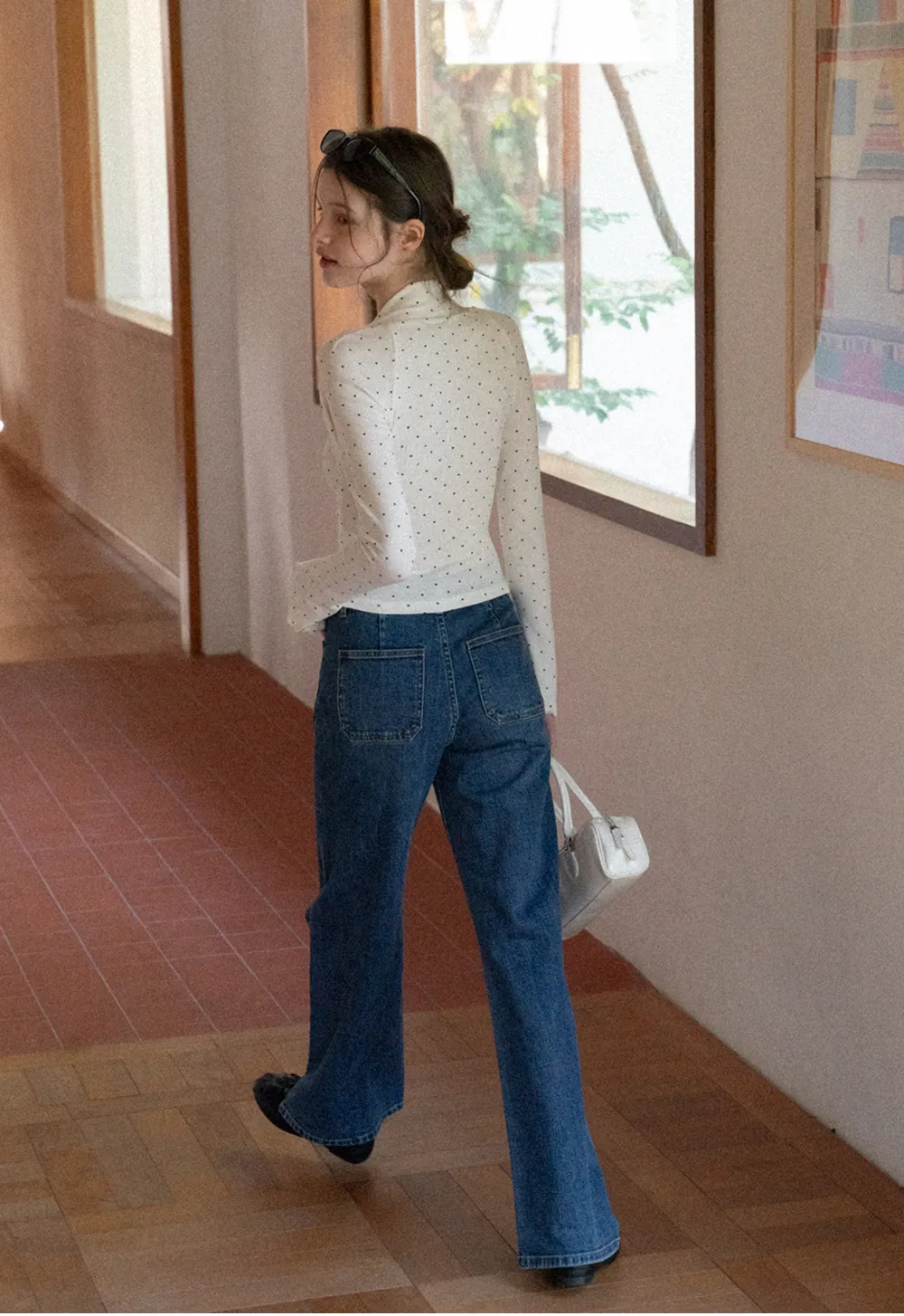 Polka dot long sleeve top with square neckline