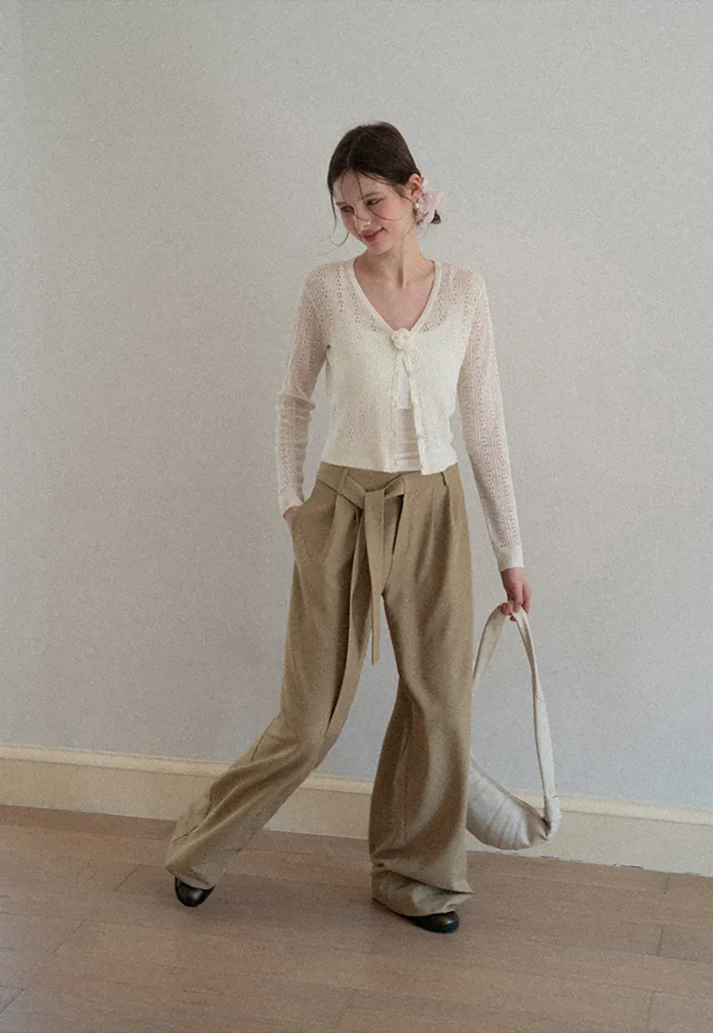 Wide leg casual pants with waist tie
