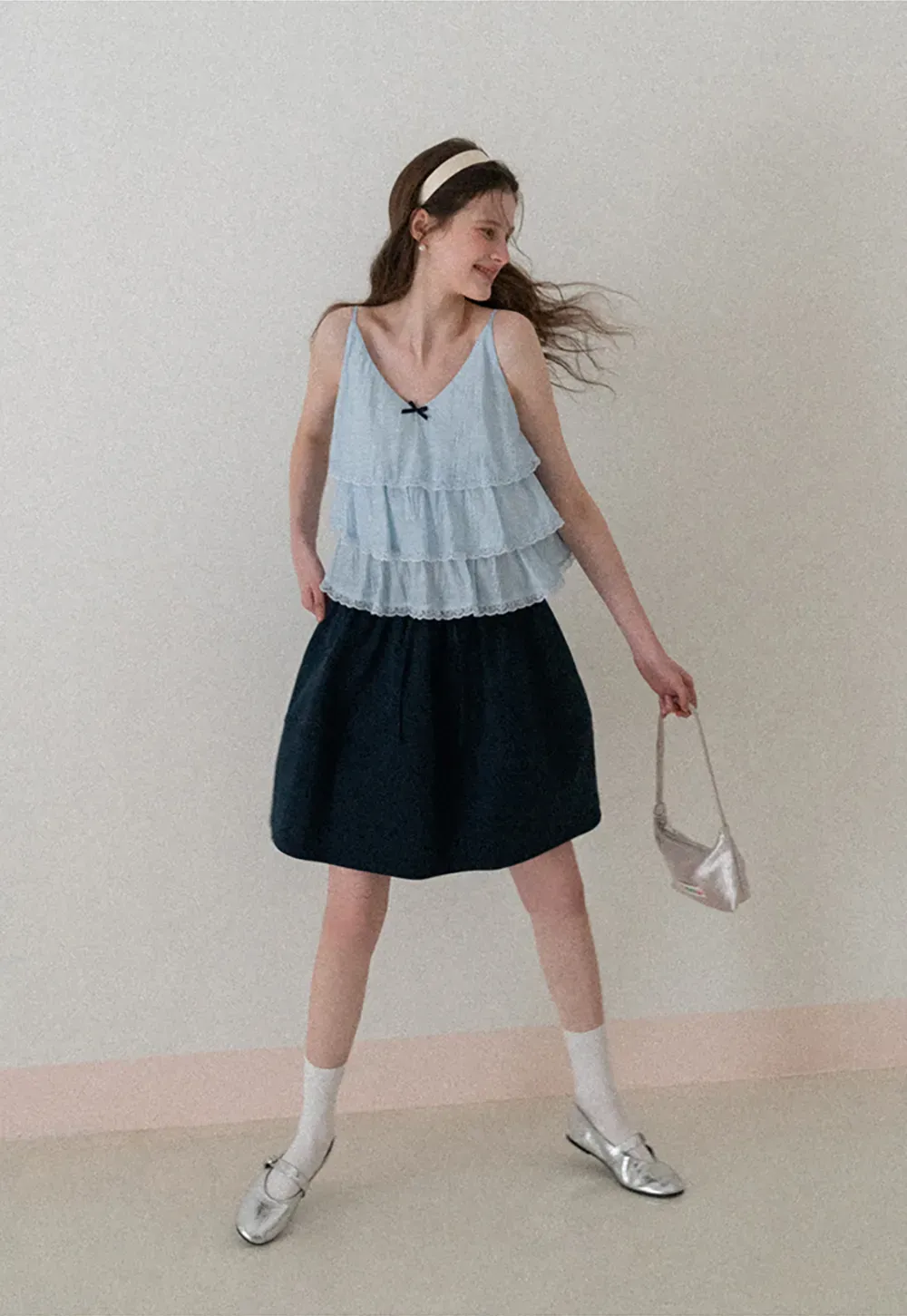 A-line skirt with drawstring waist and layered hem