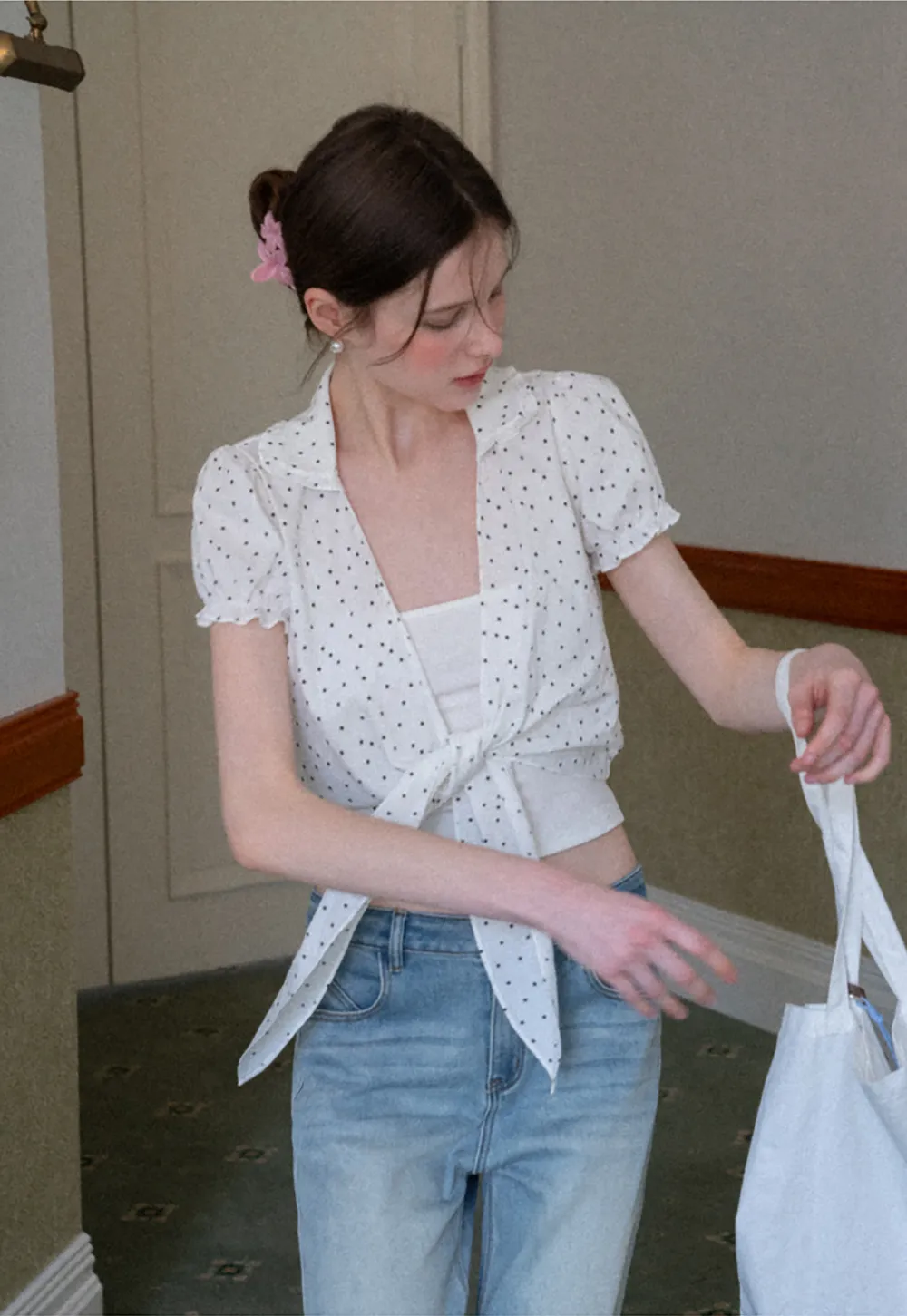 Polka dot short sleeve shirt with front tie detail