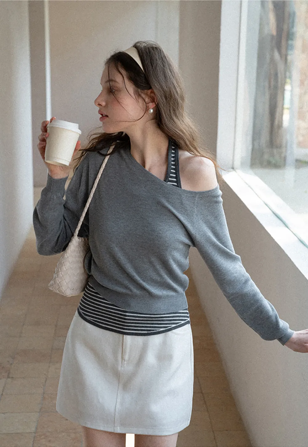 Off Shoulder Long Sleeve Knit Sweater with Striped Trim