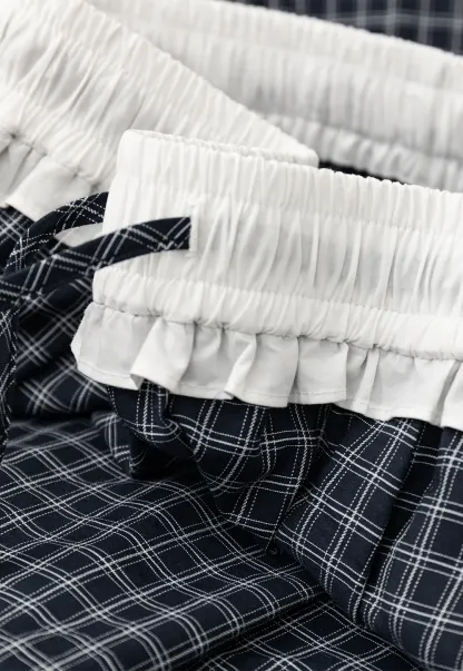 Wide Leg Plaid Casual Pants with Ruffled Waistband