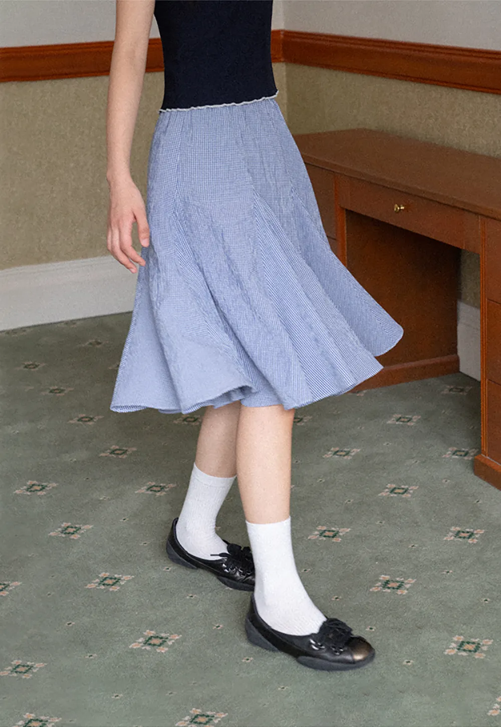 Gingham Pleated Flared Skirt