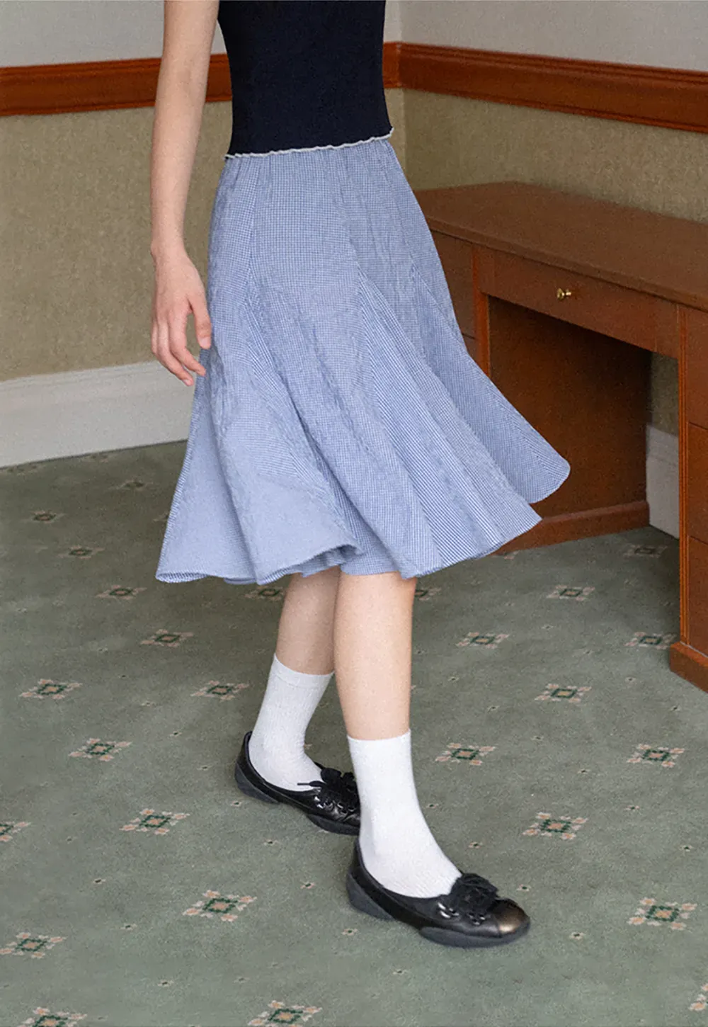 Gingham Pleated Flared Skirt