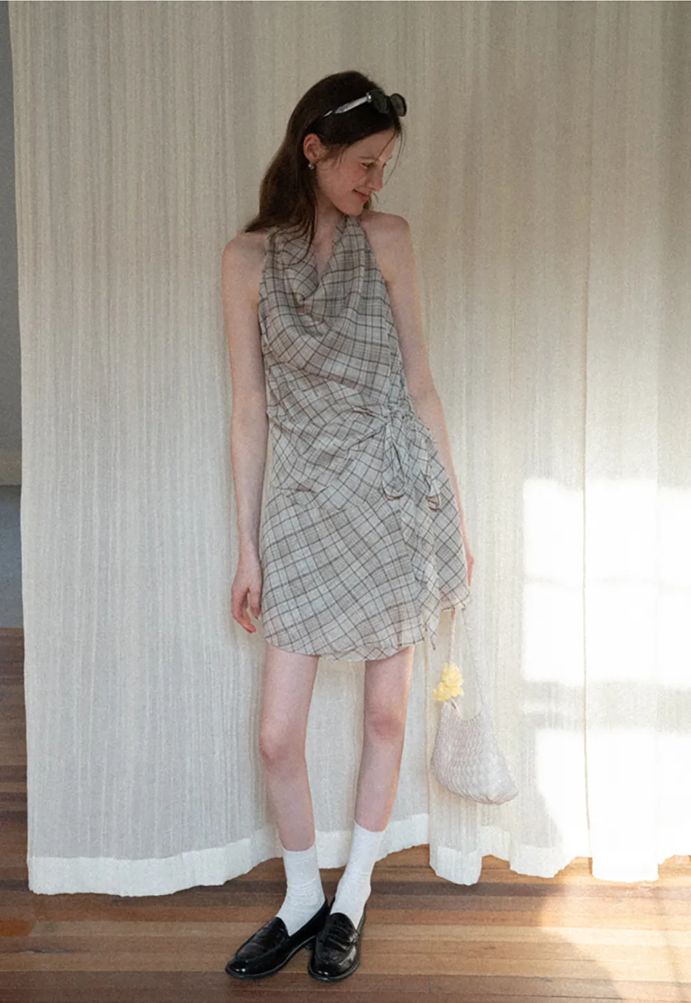 Plaid Halter Neck Wrap Dress with Side Tie