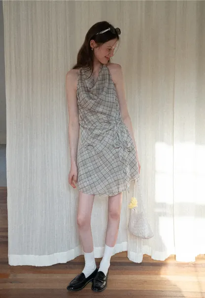 Plaid Halter Neck Wrap Dress with Side Tie