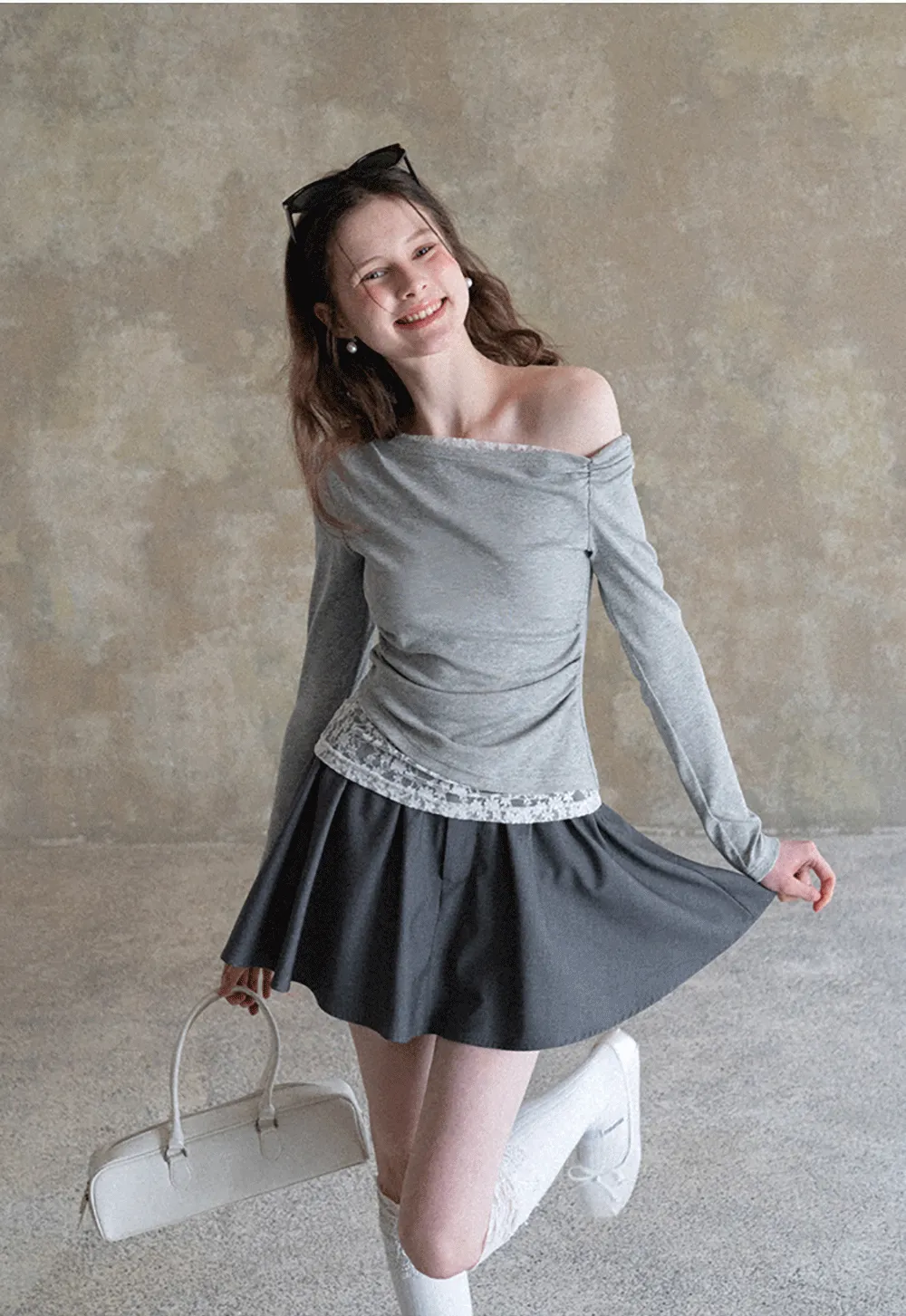 Off shoulder long sleeve top with lace trim