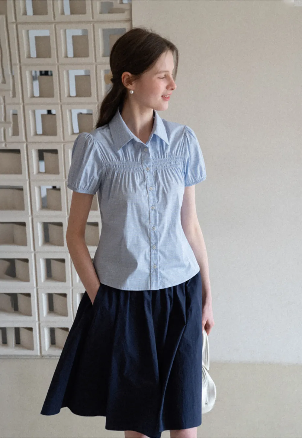 Short Sleeve Button Up Shirt with Pleated Detail