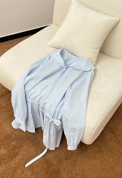 Pleated Hem Long Sleeve Blouse with Ruffled Collar