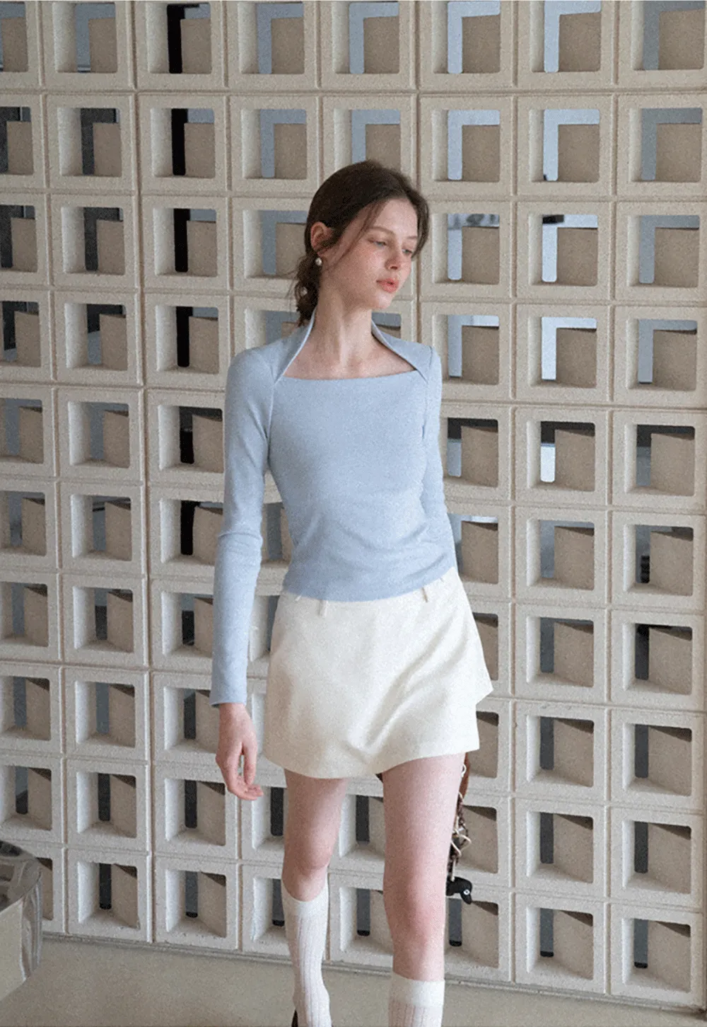 square neck long sleeve top fitted design women's t shirt