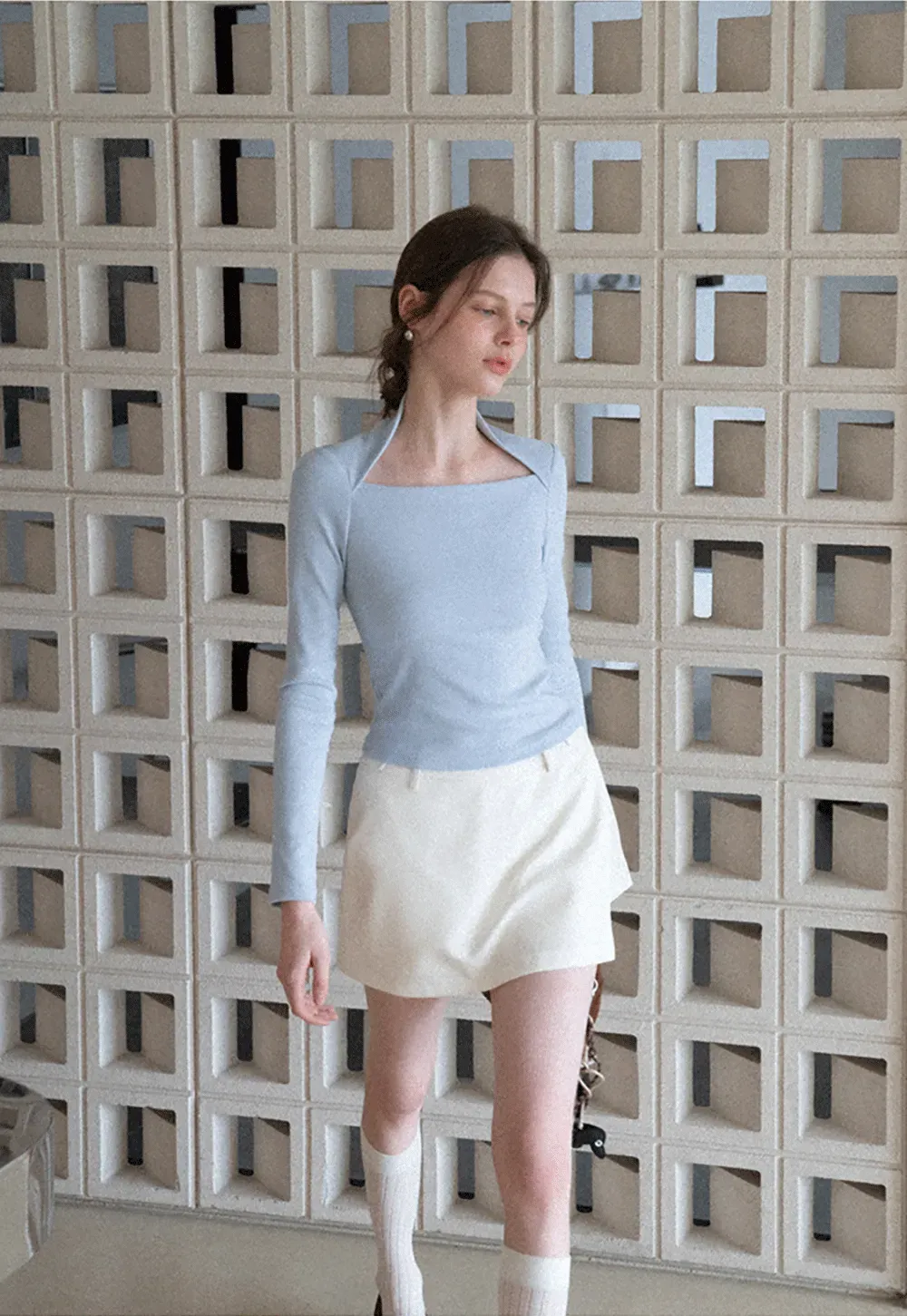 square neck long sleeve top fitted design women's t shirt