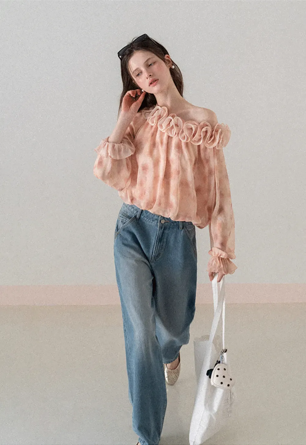 Off Shoulder Ruffled Lace Chiffon Blouse