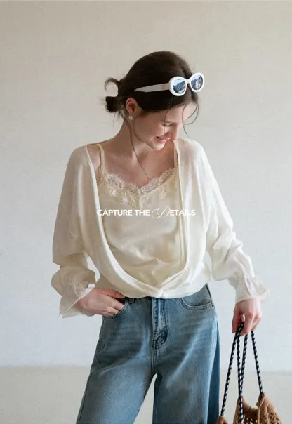 Lace Trimmed V Neck Long Sleeve Wrap Shirt