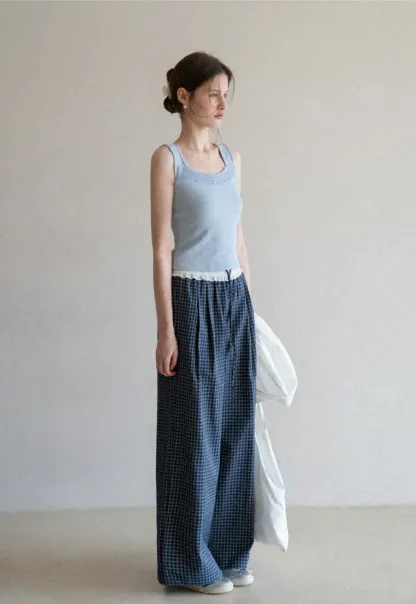 Wide Leg Plaid Casual Pants with Ruffled Waistband