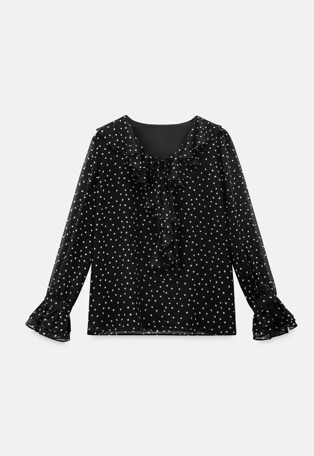 Sheer polka dot blouse with ruffled neckline and long sleeves