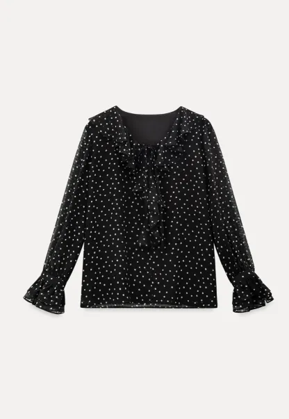 Sheer polka dot blouse with ruffled neckline and long sleeves
