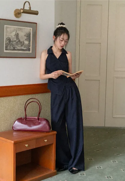 Sleeveless Collared Top with Wrap Detail and Wide Leg Pants