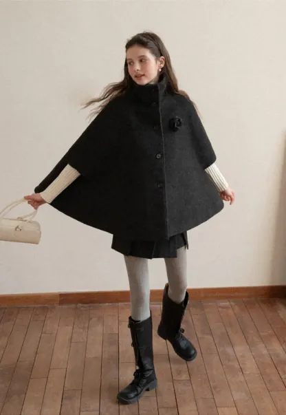 Wool Cape with High Neck Design