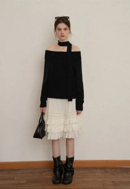 Elegant High Neck Knit Sweater with Tie Detail